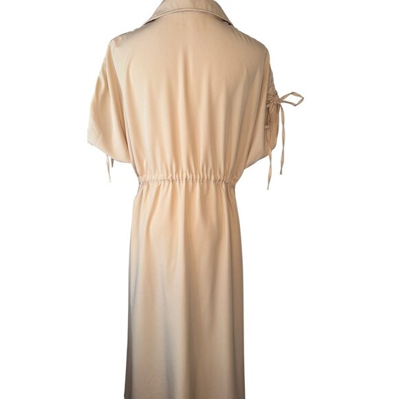 Deli.S Beige Size 8 Button-Down Midi Dress Drawstring Waist & Tie Sleeves - Picture 11 of 16